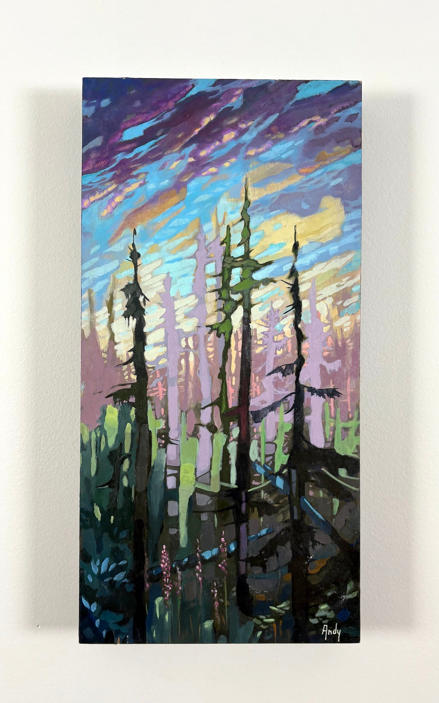 Abstract original forest painting with vibrant colors and glowing sky