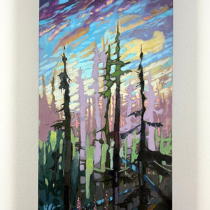 Abstract original forest painting with vibrant colors and glowing sky