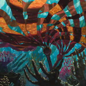 Calming large scale abstract painting under water glowing kelp patterns with blues and reds and pinks 