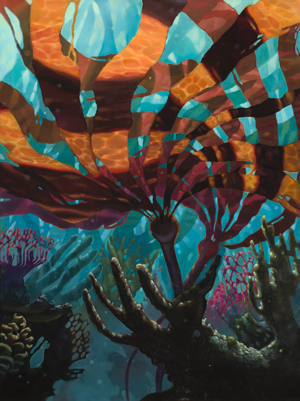 Calming large scale abstract painting under water glowing kelp patterns with blues and reds and pinks 