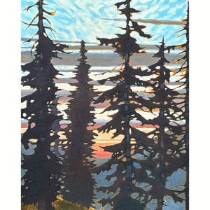 Chilcotin mountain tree line painting with glowing evening light and clouds, meadow flowers