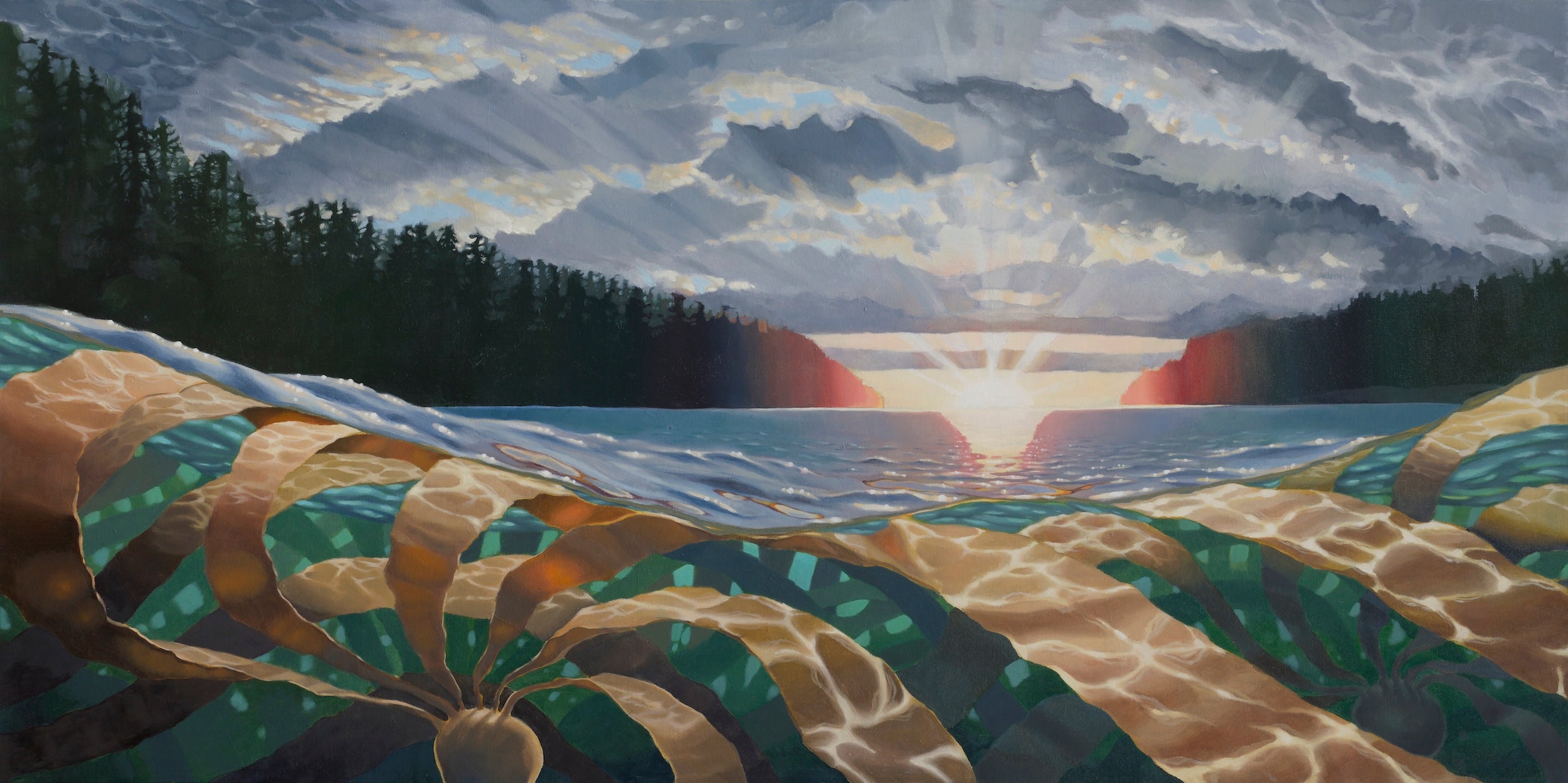 Abstract landscape original oil painting with atmospheric light from sunset glowing sky and reflected light on kelp below surface 