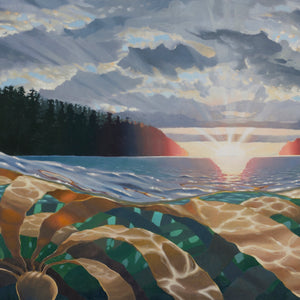 Abstract landscape original oil painting with atmospheric light from sunset glowing sky and reflected light on kelp below surface 